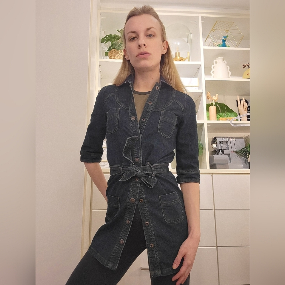 Dark Denim Button-Up Belted Shirt
